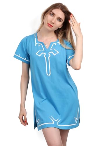 C-ZOFEK Blue Shirt Tunic Cosplay Costume, Women's US Size Loose Fit Short Sleeves V-neck Side Slit Dress (S)