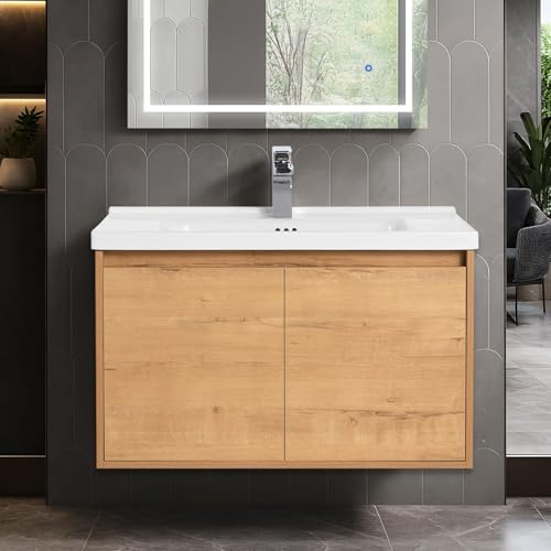 Blossom Luxury 32 Inch Floating Bathroom Vanity with Sink Wall Mounted Plywood Cabinet - Moisture Resistant Modern Spa Aesthetic - Easy-Clean Ceramic Top - Classic Oak Wood Grain