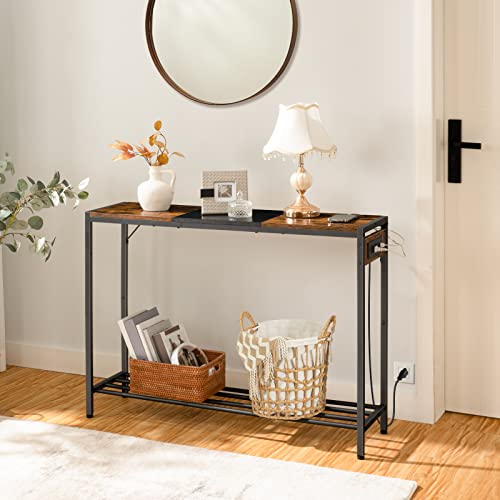 Hoobro 41.7" Console Table, Narrow Sofa Table With Charging Station, Behind Couch Table With Power Outlets & Usb Ports, For Entryway, Hallway, Living Room, Foyer, Rustic Brown And Black Bf102Uxg01 #TOP1