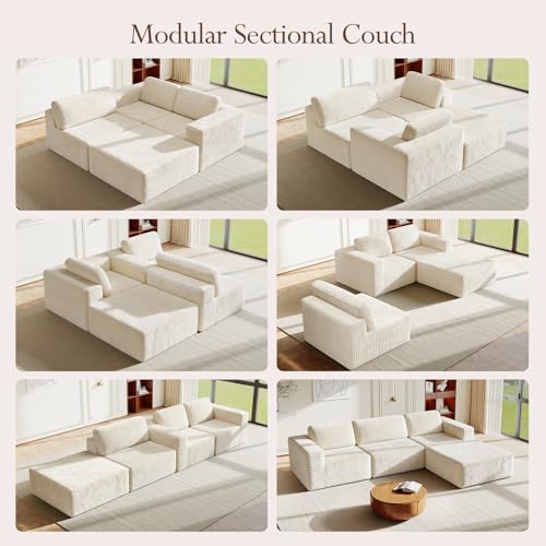Image of Vesgantti 119 inch L-Shaped Modular Sectional Sofa, Corduroy Cloud Couch with Deep Seating & Spring Support, Flexible Layout Sofa with Ottoman, Boneless Style, No Assembly Required, Beige