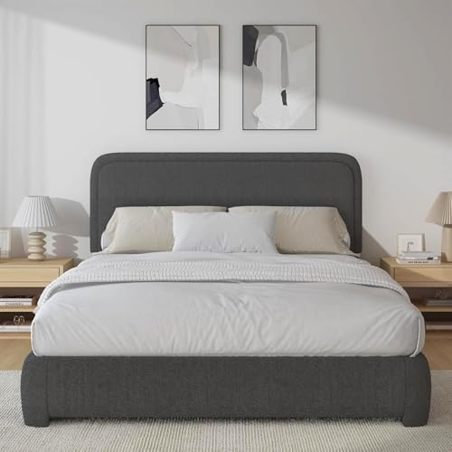 Image of BarnFurin Full Bed Frame, Cloud Boucle Headboard, Rounded Corners, Grey | Soft boucle and rounded edges create a low-profile cloud look. Wooden slats support the mattress without a box spring