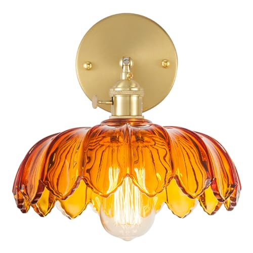 Image of Amber Glass Wall Sconce Brushed Gold Vanity Light 1-Lights Brass Bathroom Light Fixtures Vintage Modern Wall Sconces for Over Mirror Flower Wall Lighting Farmhouse Bath Vanity Lights