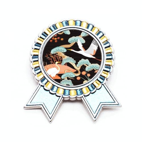 Broche grues pivoines érable métal M : accessoire motif japonais manteau écharpe