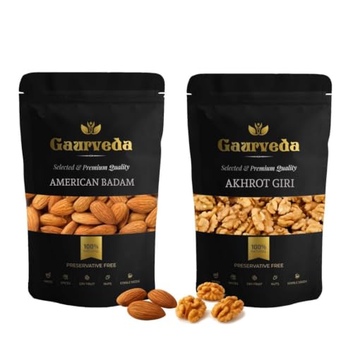 Image of GAURVEDA American Badam & Akhrot Giri Combo - Premium Almonds and Walnuts, Natural, Healthy Snacks for Brain & Heart Health (Combined Pack) | 250 Grams
