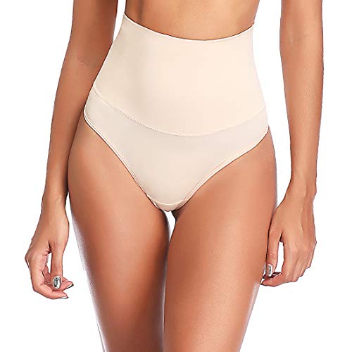 Joyshaper High Waisted Thong Shapewear for Women Tummy Control Thong Girdle Seamless Thongs Underwear Beige