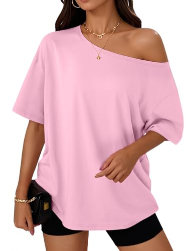 Trendy Queen Womens Off the Shoulder Tops Oversized T-Shirts Short Sleeve Tees Summer 2026 Casual Spring Clothes Workout Gym Y2k Cute Going Out Plus Size Fashion Clothing Pink XL