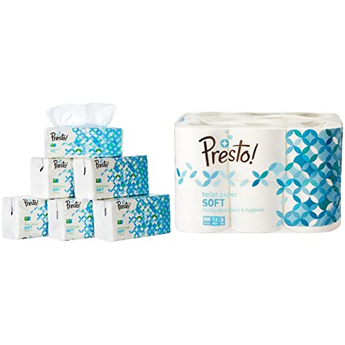Image of Amazon Brand - Presto! 2 Ply Facial Tissue Soft Pack - 200 Pulls (Pack of 6) and Amazon Brand - Presto! 3 Ply Toilet Paper /Tissue Roll - 300 Sheets (Pack of 12)