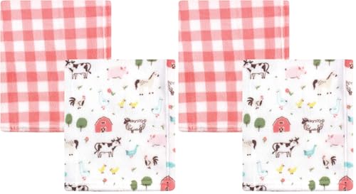Image of Hudson Baby Unisex Baby Silky Plush and Coral Fleece Blanket, Girl Farm Animals, 30x36 inches (Pack of 2)