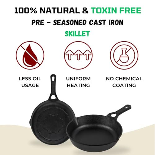 Image of Pencil Pre-Seasoned Iron Skillet /Fry Pan with Handle 20 cm | Cast Iron | Compatible with Gas Stoves & Induction | Naturally Nonstick | 100% Pure & Toxin-Free | No Chemical Coating | Black