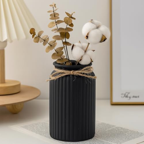 Image of Plastic Ribbed Decorative Vase with Jute Rope Top | Ceramic Look, Unbreakable Flower Pot for Centre Table, Balcony & Living Room Decor | Only Vase (No Flower) (Black)