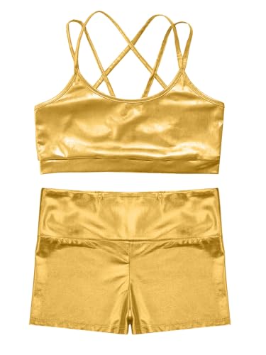 Jugaoge Kids Girls 2 Piece Gymnastics Dance Outfits Metallic Crop Tank Top with Shorts Set Activewear3