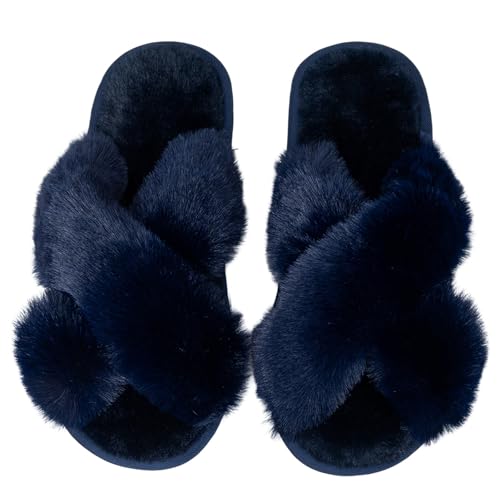 Image of Enteer Women's Slipper Memory Foam Cross Band Fuzzy Slippers Open Toe Cozy House Slippers Cozy Plush Bedroom Indoor Outdoor