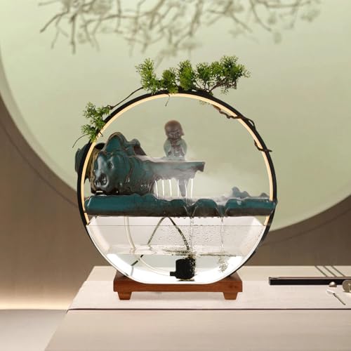 Unnsiapit Tabletop Water Fountains, H16.5in Indoor Waterfall Clear Fish Tank with LED Light & Mist, Backflow Incense Holder Feng Shui Decor for Meditation Entrance, Fish Tank Size L17.3*W5.3in