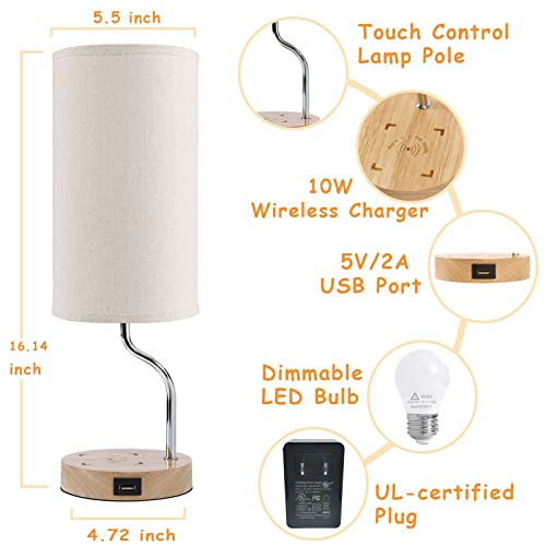 Unfusne Bedside Lamp With Wireless Charger,Touch Control Night Lamp For Bedroom,3-Way Dimmable Wooden Nightstand Lamps For Bed Side Table, Small Lamps With Usb Charging Port,For Boy Girl Kid Room #TOP4