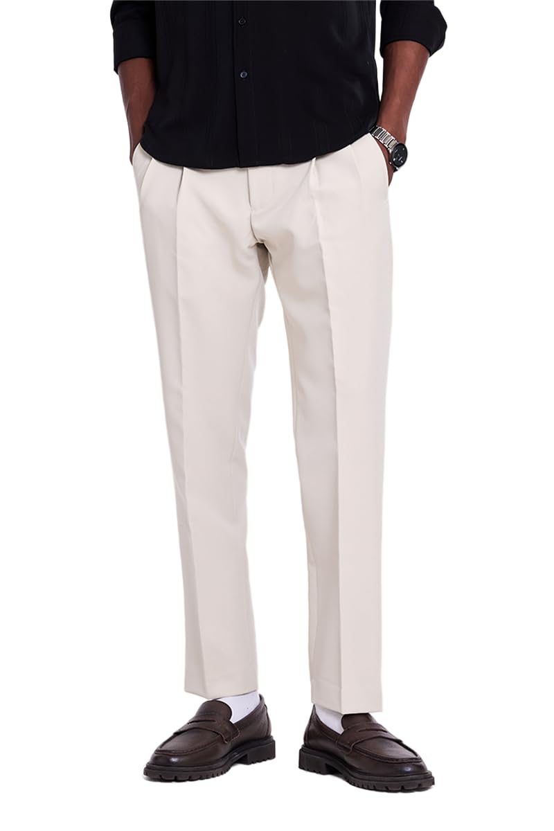 Men Trousers Formal Tapered Fit Double Pleated Front Solid Style | Stretchable Polyester Blend Fabric for Office Meetings & Smart Casual Outings-image-20
