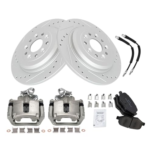 Image of TRQ Performance Rear Brake Pad and Rotor Set Semi Metallic Slotted Drilled G Coated 330mm Rotors Calipers Compatible with 2015-2018 Ford Flex 2015-2018 Lincoln MKT