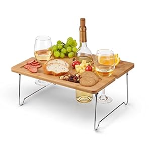 Tirrinia Bamboo Wine Picnic Table, Ideal Wine Lover Gift, Folding Portable Outdoor Wine Glasses & Bottle, Snack and…