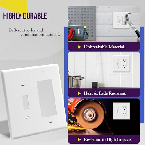 Image of ENERLITES Combination Toggle Light Switch /Decorator Switch Wall Plate, Mid-Size 2-Gang 4.88 inch x 4.92 inch, Polycarbonate Thermoplastic, 881131M-W, White, 2 Pack