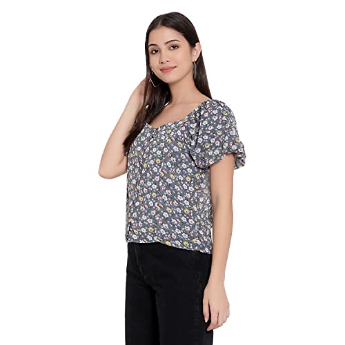 Image of FNOCKS Women Button Closure Short Sleeves Floral Printed Tops /Georgette Fabric