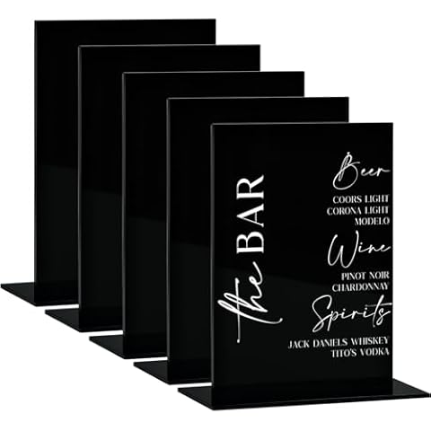 JINMURY 8x10 Inch Black Acrylic Sign with Stand | 5 Pack Blank Acrylic Table Signs and Base for DIY Wedding Table Numbers, Wedding Signage, Events& Parties (Black, 8x10 Inch) Cover