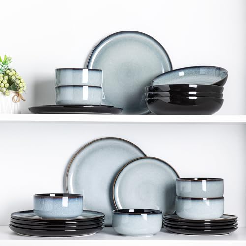 Image of LERATIO Ceramic Dinnerware Sets for 8,Plates and Bowls Sets,Reactive Glaze Dishes Set,Highly Chip and Crack Resistant | Dishwasher & Microwave & Oven Safe Dishes set,Service for 8-Gray White(24pcs)