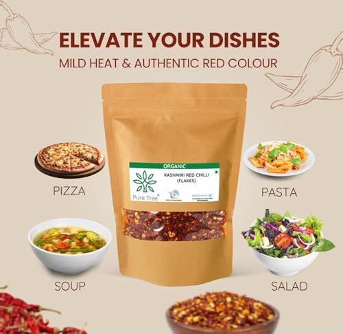 Image of Pure Tree Certified Organic Kashmiri Red Chilli Flakes | 1.8 Kg / 1800 g | Crushed Red Pepper Flakes | Organic Red Pepper Flakes Chili for Seasoning for Pizza & Salad | Dry Kashmiri Red Chilli Flakes