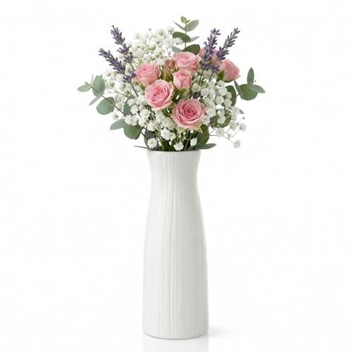 Unbreakable Vase for Flowers Ceramic-Look Plastic Decorative Vase Minimalist Style for Home Decor Living Room Table(Seashell White)