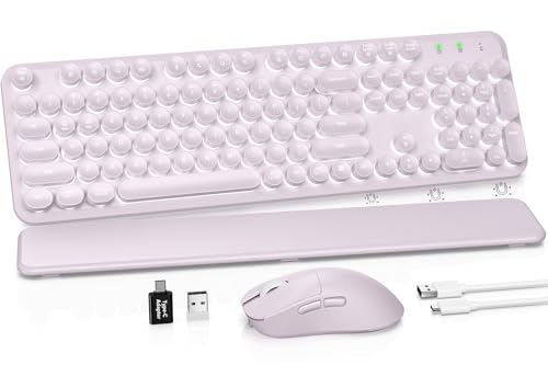 Image of Wireless Keyboard and Mouse Combo, Backlit Round Keycaps, Retro Typewriter Keyboard with Magnetic Wrist Rest, USB-C Rechargeable & Tilt Legs, 2.4GHz Cordless for Mac Windows PC (Glowing Pastel Purple)