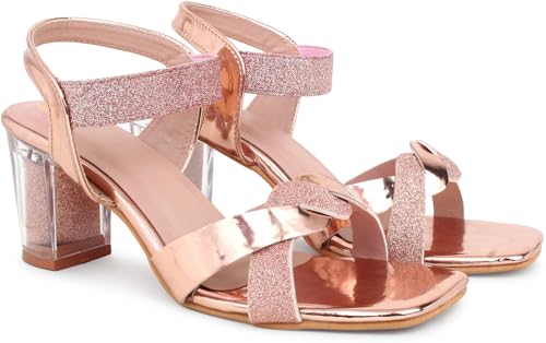 Image of Action Women's Rose Gold Glitter Sandals| Clear Block Heel| Cross-Strap Design with Ankle Strap Bronze