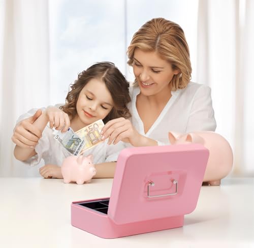 Geldkassette mit Schlüssel, tragbare Kasse mit Münzfach, kleine abschließbare Geldkassette für Haus, Büro und Veranstaltungen, 25 * 18 * 9cm(Rosa)