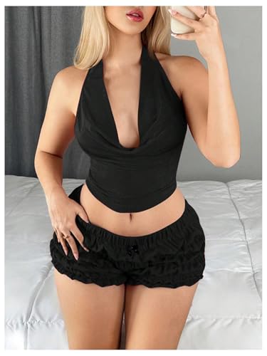 SOLY HUX Women's Cowl Neck Halter Neck Going Out Tops Open Back Sleeveless Y2k Crop Tank Top3