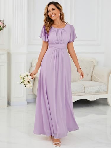 Image of Ever-Pretty Women's Spring Elegant Round Neck Short Sleeve Chiffon Empire Waist Floor Length Formal Dresses Bridesmaid Dress