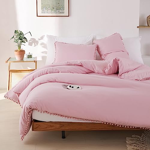 YIRDDEO Dust Pink Full Size Ball Pom Fringe Design Comforter Set 3pcs, Boho Aesthetic Luxurious Microfiber Comforter Set
