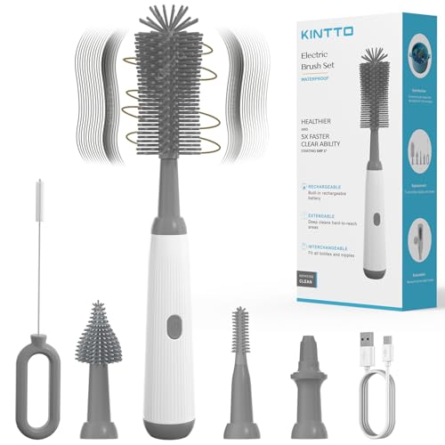 Image of KINTTO Electric Bottle Brush Cleaner with Rechargeable, Baby Bottle Cleaning Brush Set ,Waterproof Replaceable Nipple and Straw Silicone Brush Grey