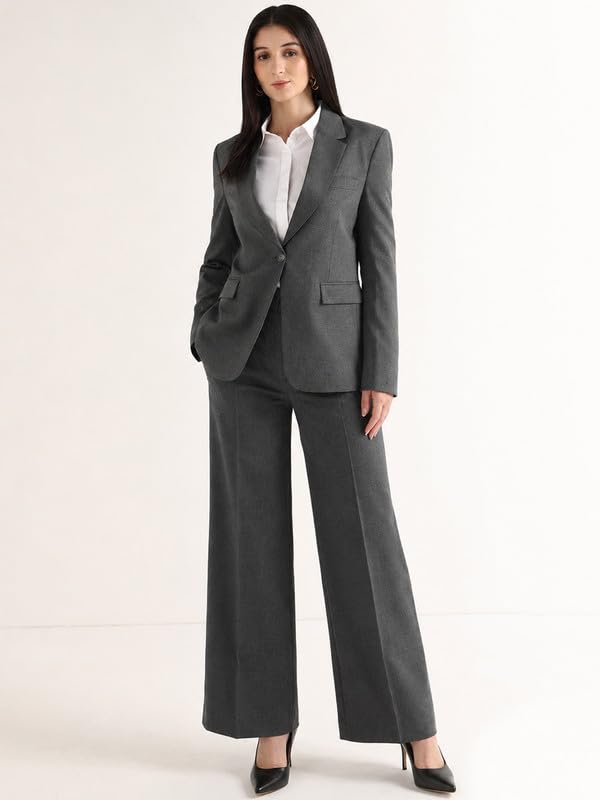 Image of Hancock Women Solid Slim Fit Single Breasted Blazer with Wide Leg Trouser Suit Set