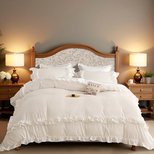 Jolusere White Ruffle Duvet Cover Full Girls Shabby Chic Farmhouse Bedding Set 3Pcs 100% Washed Microfiber Duvet Cover Set Boho Vintage Ruffled Bedding with Zipper Closure & Corner Ties 2 Pillowcases