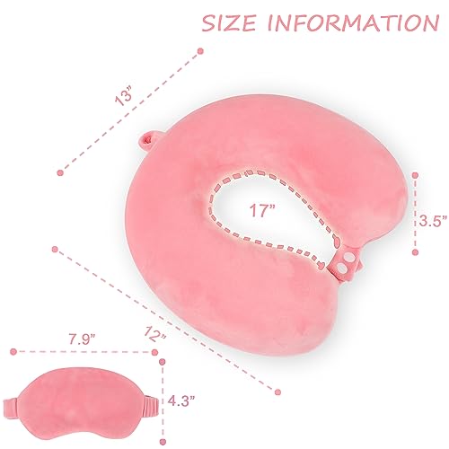 Image of Pure Memory Foam Travel Pillow Set for Adults - Comfortable & Removable Machine Washable Cover, Neck Support Pillow Airplane Travel Kit with Eye Mask for Portable Plane Accessories - Peach Pink