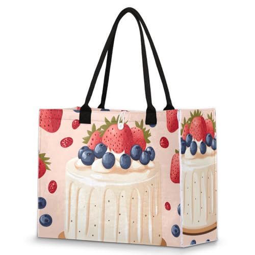Strawberry Cake Tote Bag for Women Large Beach Bag Reusable Tote Bags for Work Travel Beach Shopping