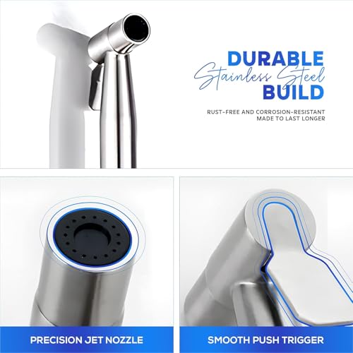 Image of Amazon Basics Premium SS 304 Stainless Steel Health Faucet Set Chrome Finish | Jet Spray Gun with Hose Pipe and Holder for Toilet | Bathroom Bidet Sprayer Kit