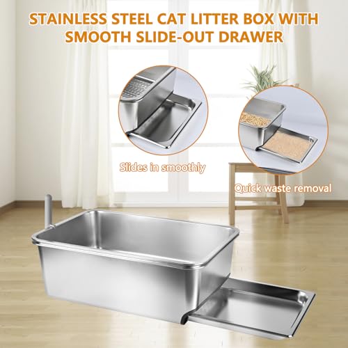 23.5''x15.7''x8'' Edelstahl-Wurfkiste, XXL ausziehbare, siebende Wurfkiste für Kiefernpellets, Hochseiten-Metall-Wurfkastensystem für Großkatzen mit Plastikschaufel &10 Urinpads (20CM)