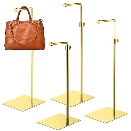 Leinuosen 4 Pcs Purse Display Stand Adjustable Height Handbag Display Stand Metal Table Purse Holder Hanging Purse Hanger Stand for Women Bag Jewelry Tabletop Counter Boutique Store (Gold)