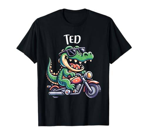 Ted Funny Alligator - Diseño de motocicleta para niños con nombre Ted Camiseta