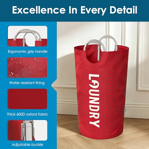Image of 100L Laundry Basket with Tech Handle, 2in1 Large Dirty Clothes Hamper Red | Hand or Shoulder Carry, Collapsible Foldable Bin, Plastic Handle, 600D Oxford with Waterproof PE Coating for Dorm, Bathroom