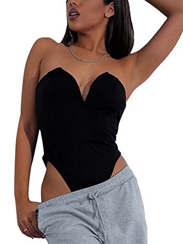 Lyaner Women’s Sexy Sweetheart Neck Sleeveless Tube Tops Strapless Bustier Corset Bodysuit Top Black Large #TOP2