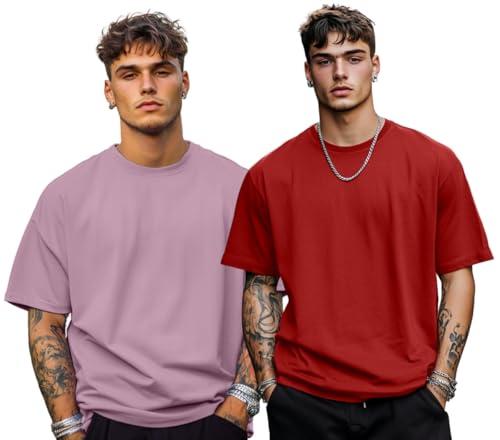 Image of Veirdo Solid Oversized 100% Pure Cotton Combo T-Shirt for Men & Boys (Half Sleeves, Round Neck, Drop Shoulder, Baggy Fit, Pack of 2, Available in S to 2XL