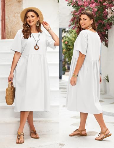 Image of IN'VOLAND Plus Size Loose Cotton Linen Dresses Summer Casual Midi Dresses with Pockets 16W White
