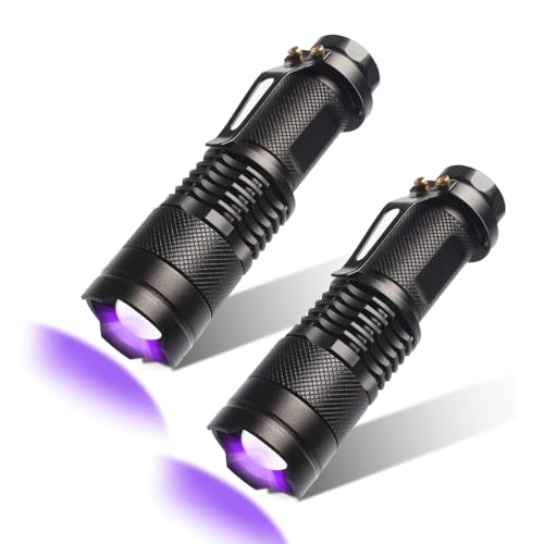 TheaPro UV Torch 2 Pack Ultraviolet Flashlight Portable LED Black Light 395nm Mini Torches Detector Zoomable with Clip SK68 (AA Batteries Not Included)