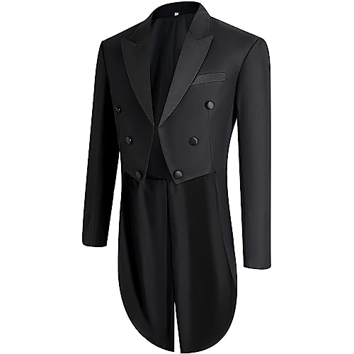 Catheive Mens Tailcoat Suit Jacket Tuxedo Double Breast Swallow Tail Coat Pants Bow Tie Black, Black, M