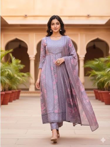 Image of Pure Cotton Anarkali Kurta Set for Women with Dupatta | 3 Piece Cotton Anarkali Suit | Floral Aari Work | Flared Ethnic Wear