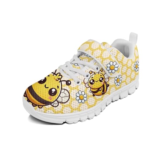 Kids Shoes Little Kid Boys Girls Athletic Running Sports Strap Sneakers for Little Kid/Big Kid Bee Flowers Pattern（White Sole）